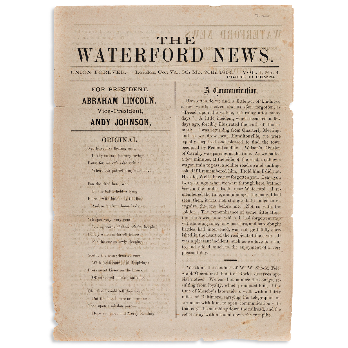 (CIVIL WAR.) Issue of the Waterford News, published by 3 young Unionist women in Confederate Virginia.
